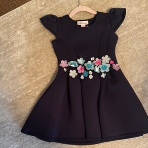 Halabaloo Navy Fit-and-Flare Dress with Pastel Floral Appliqués